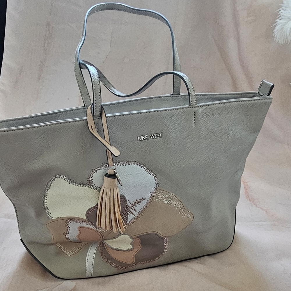 Nine West Cream and Tan Floral Shoulder Bag With Leather Bag Charm Tassel